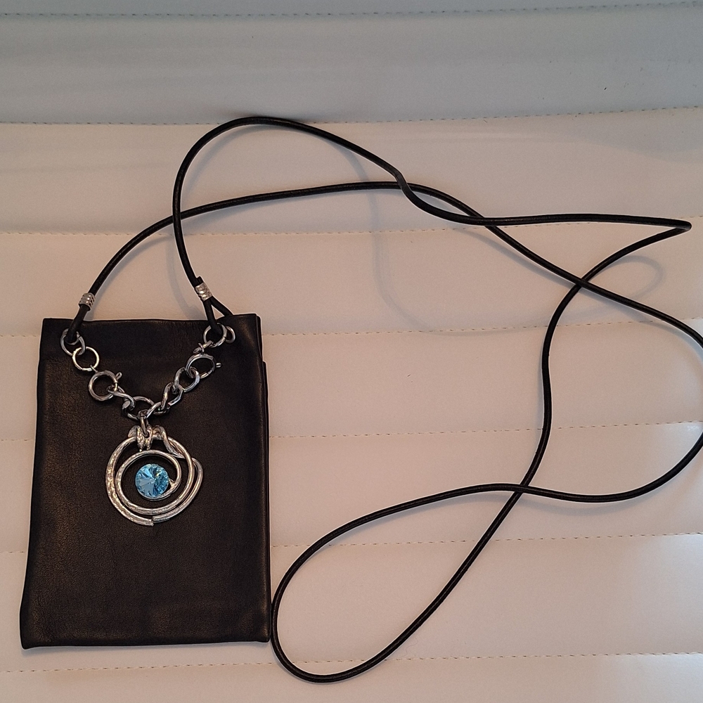 Black Leather Phone Purse/Wallet with Blue Pendant
